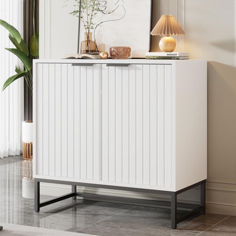 Credenza 80 cm con 2 ante, stile elegante, mobile alto con maniglie in metallo, bianco