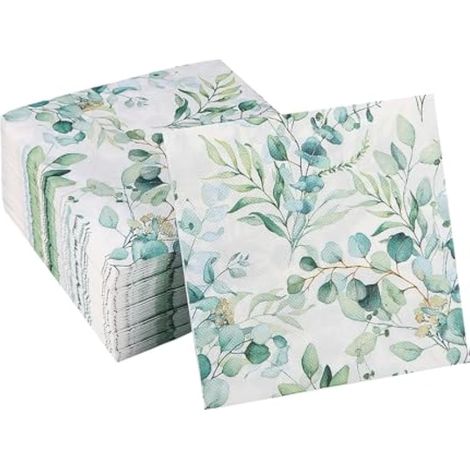 Serviettes en papier eucalyptus vintage, décoratives et jetables pour mariages, anniversaires, Noël et découpage. (1/4)