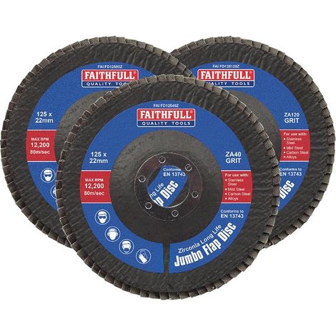 Faithfull Zirconia Abrasive Jumbo Flap Disc 125 x 22mm Mixed Grit (3 Pack) (1/2)