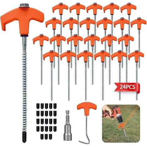 Lot de 24 Piquet De Tente a Visser,Piquets De Tente en Acier avec Filetage Et Support De Corde,Ancrages Au Sol à Visser Accessoires pour Tente,Piquet Auvent pour Le Camping pour Sol Dur et Bois (1/5)