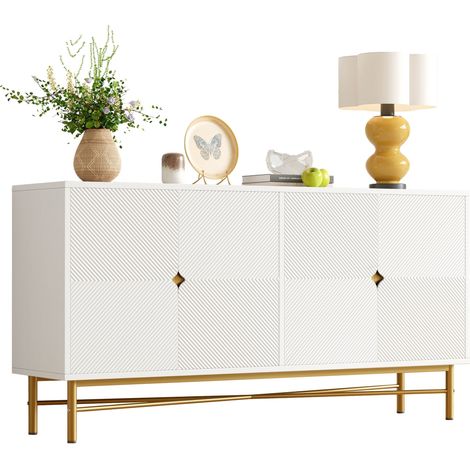 ELVMI Aparador con 4 Puertas de Cierre Suave, Frentes Ranurados y Patas Brillantes, Salón, MDF, 160 x 40 x 82 cm, Blanco (1/5)