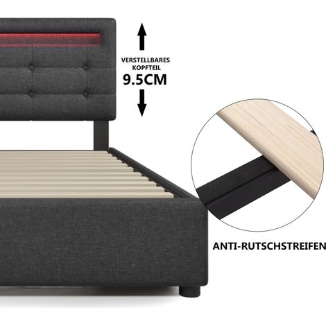 Lit double 140x200 cm avec sommier à lattes en bois, têtière réglable en hauteur, 4 tiroirs, éclairage LED intégré, matelas inclus, gris. (1/5)