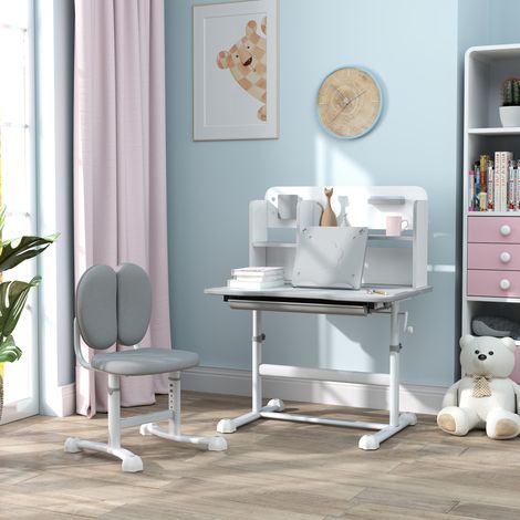 Ensemble bureau et chaise enfant réglables, pupitre avec plan inclinable, tiroir, étagère, gris (1/5)