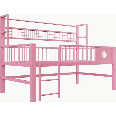 Letto a soppalco basso per bambini 90 x 200 cm in metallo con contenitori, rosa (1/5)