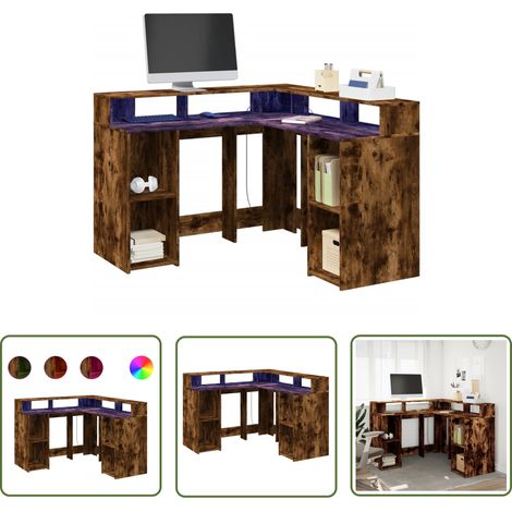 vidaXL Bureau et lumières LED chêne fumé 130x130x91cm bois ingénierie (1/5)