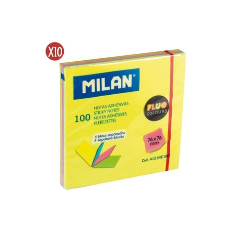 PACK 10 BLOC 100 NOTAS ADHESIVAS 4 COLORES FLÚOR 76X76MM