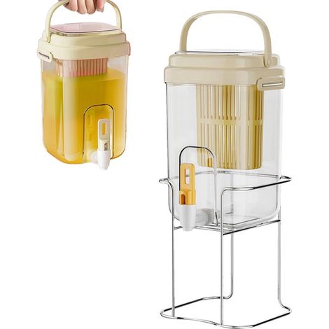 Distributeur de boissons avec filtre - Grande capacité - Camping & Fêtes - Avec robinet - Résistant à la chaleur - Pour jus, limonade & thé glacé - Jaune + Trépied + Bac de récupération (1/5)