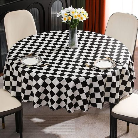 Nappe Ronde PVC Anti Taches, Checkerboard Damier Plaid Plastique Nappes Toile Cirée Imperméable résistant à l'huile pour Salle à Manger Party Jardin Picnic (180cm,Noir) (1/5)