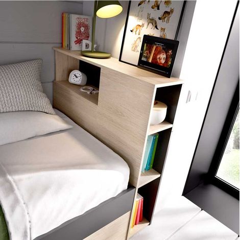 CAMA CON CAJONES Y ESTANTES MEMORY - Grafito / Natural (1/5)