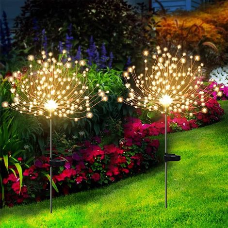 Lot de 2 guirlandes lumineuses solaires effet feu d'artifice, éclairage décoratif extérieur pour jardin, allée, chemin, terrasse, décorations du 4 juillet, blanc chaud (1/5)