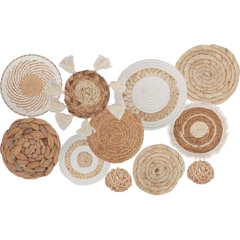 Lot de 9 paniers muraux bohèmes tissés - 2 boules décoratives en rotin - Décoration murale ronde tissée - Paniers tissés à suspendre pour salon, chambre à coucher, salle à manger, bureau (1/5)