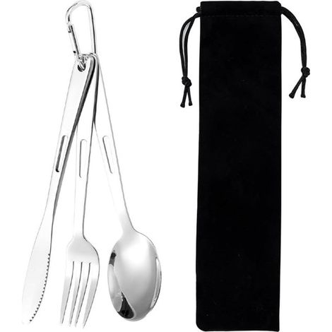 Set di posate composto da coltello, forchetta e cucchiaio - in acciaio inossidabile - set portatile, ideale per picnic all'aperto e campeggio. (1/5)