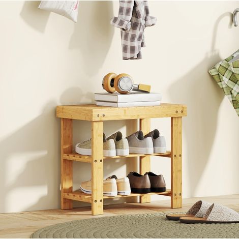 Banco zapatero (50x28x45 cm), con asiento y 2 estantes, bambú, color natural (1/5)