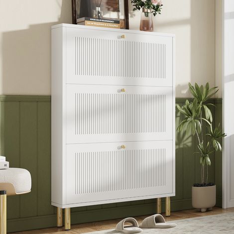 Meuble à chaussures étroit, 3 portes pliantes cannelées, 6 étagères, blanc, design moderne pour entrée, dimensions : L73 x P23 x H125 cm (1/4)