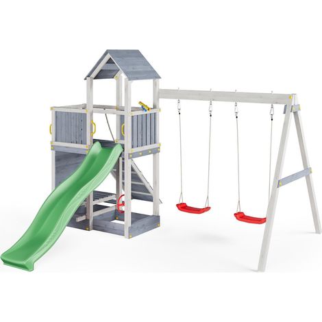 Funni Aire de Jeux Enfant Extérieure – Bois Gris/Blanc – Toboggan 2,2 m – Balançoire Double – Jusqu’à 7 Enfants – EN 71 (1/5)