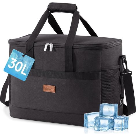 Lifewit 30L Large Size Soft Insulated Cooler Bag, Portable Frozen Shopping Bags for Travel, Picnic, Camping, Beach, Black