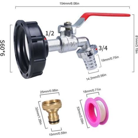 IBC 1000L S60X6 tank valve, drain adapter for tank, compatible with garden faucet (1/2 inch alloy spout).