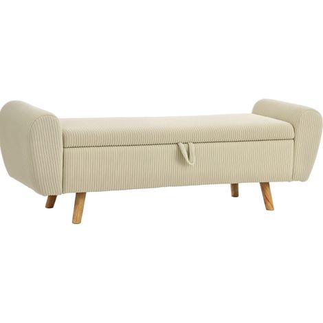 Panca contenitore in velluto a coste beige con gambe in legno e braccioli arrotolati HOMVRA (1/5)