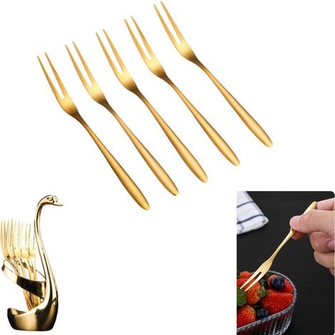 1 unidad, Soporte para tenedores con forma de cisne de acero inoxidable, Dorado, 7 x 15,2 cm, Incluye 5 tenedores para fruta, hogares y hoteles (1/5)