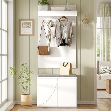 Conjunto de muebles de recibidor blanco de 60x35x(45+100) cm con 4 ganchos, zapatero de 2 puertas y banco (1/5)