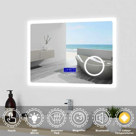 Bathroom Mirror LED Illuminated Lights with Bluetooth Speaker Clock Demister Pad