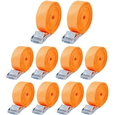 Lot de 10 Sangle d'Arrimage,25mm x 4m Sangle de Serrage,Sangle Porte Velo avec Boucle de Fermeture,Selon DIN en 12195-2,adapté aux camionnettes,Motos,camions Marchandises liées（Orange） (1/5)