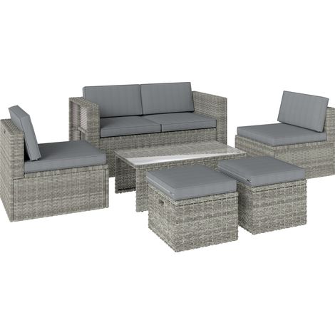 Set 6 Pezzi da Esterno con Divano 2 Sedie Tavolino con Piano in Vetro e 2 Pouf in Rattan Grigio Scuro (1/5)