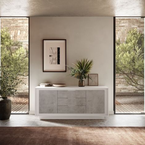 Madia 2 ante battenti e 3 cassetti linea Beton in bianco laccato opaco e pannelli effetto beton (1/2)