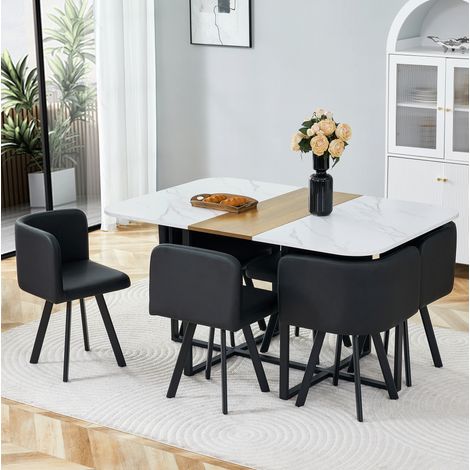 Mesa de comedor extensible con 6 sillas, blanco efecto mármol y metal negro (1/5)