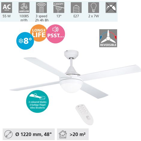 EGLO Deckenventilator VARADERO, 4 Flügel Ventilator mit Licht, Wendeflügel aus MDF in Weiß oder Eiche, Gehäuse aus Stahl in Weiß matt, Fernbedienung, Timer, Sommer Winter Betrieb, AC Motor, Ø 122cm (1/5)