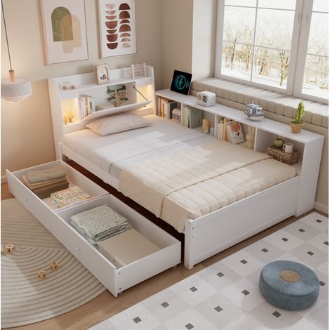 MODFU – Cama infantil 90x200 cm de madera blanca con compartimentos, 2 lámparas, enchufe de carga y somier de láminas – Blanco (1/5)