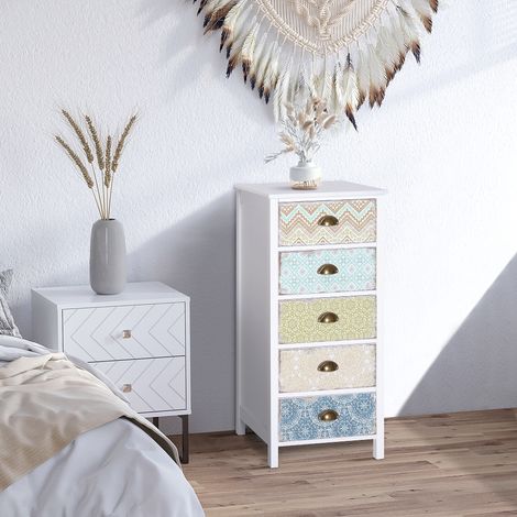 Commode vintage à 5 tiroirs, style shabby chic, pour salle de bain, entrée, chambre, 46 x 34 x 97,5 cm, blanche