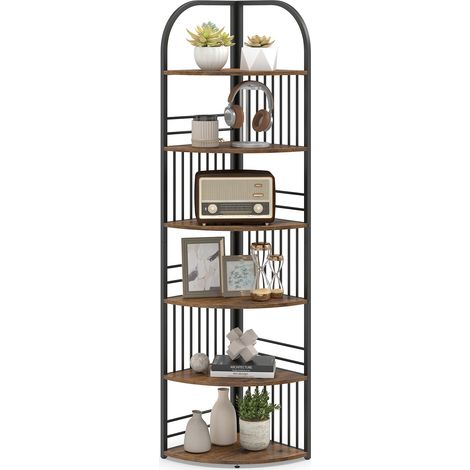 Étagère d'Angle à 6 Niveaux, 181,5 cm Bibliothèque d'Angle Autoportante avec Cadre Métallique, Présentoir Vertical, pour Salon, Chambre, Marron (1/5)