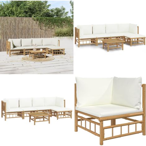 Set de muebles de jardín 6 piezas bambú y cojines blanco crema - Muebles de exterior - Sofás de jardín