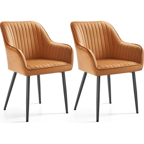SONGMICS Chaise Salle à Manger, lot de 2, Chaise de Cuisine, Fauteuil en Velours, Rembourrée, avec Accoudoirs, Charge Max. 120 kg, Pieds en Métal, pour Salle à Manger, Marron Caramel et Noir d'encre
