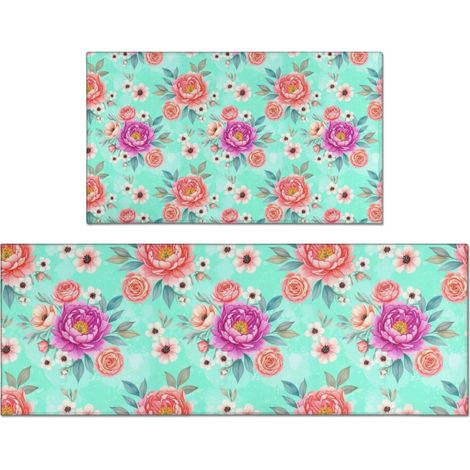 Ensemble de 2 tapis de cuisine Pioneer Flower à motifs floraux, anti-fatigue et antidérapants, lavables (43 x 76 cm + 43 x 119 cm).