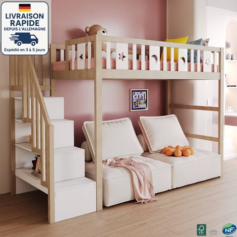 MODFU - Cama alta de madera para 1 persona 90×200cm, cama infantil con escalera de almacenaje, estampado de estrellas y lunas, sin colchón, color natural (1/5)