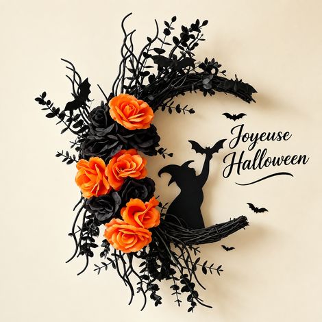 Couronne d'Halloween Chat Lune et Roses Décoration Murale Orange et Noir Sans Lumière 33 × 33 × 11 cm 700 g – Livraison gratuite