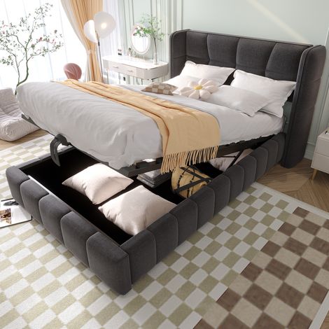 Lit avec rangement en tissu gris 90x200 cm, cadre métal, tête de lit rembourrée, système de levage (1/5)