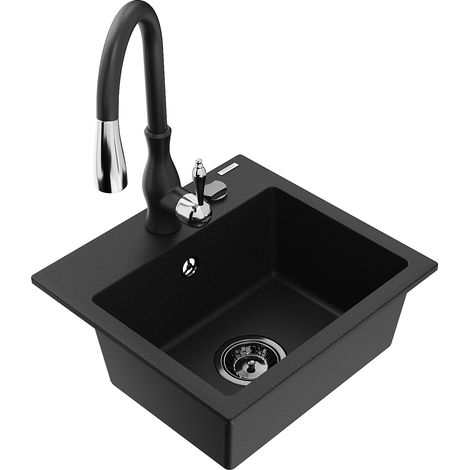 Mexen Milo lavello in granito a 1 vasca con rubinetto da cucina Savita, nero - 6505-77-672601-70-B (1/5)