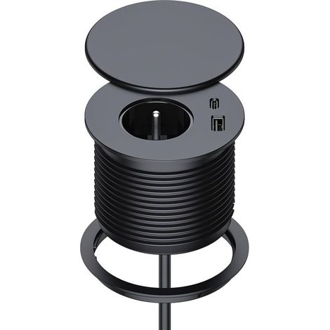 Unterputz-Steckdosenleiste mit 1 Steckdose, 1 USB-C-Anschluss, 1 USB-A-Anschluss, 75 mm Durchmesser, 1,5 m Kabel, Tischsteckdose für Küche, Büro und Möbel, Farbe: Schwarz. (1/4)