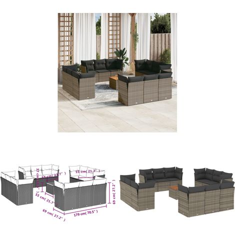 Salon de jardin avec coussins 13 pcs gris résine tressée - Salon De Jardin - Mobilier Extérieur - Salon D'extérieur - Set De Salon - Résine Tressée - Home & Living (1/3)