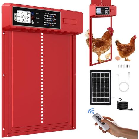 Porte Automatique Poulailler Solaire Grande Taille 27.5x36cm avec Télécommande&USB-C Cable,Porte Poulailler Rouge en Aluminium Étanche,3 Modes,Affichage LED,Sécurité Anti-Pincement,Minuterie (1/5)