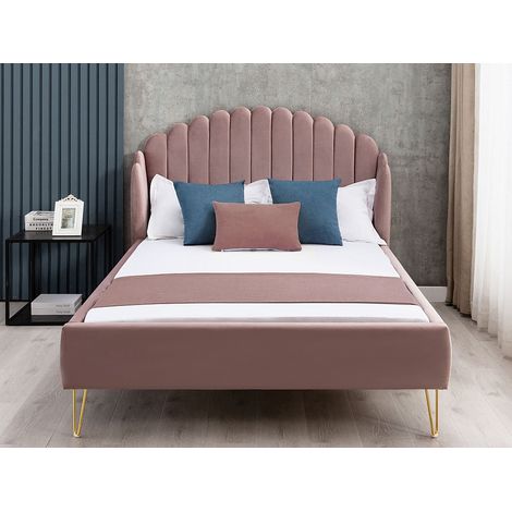 Lit 140 x 190 cm avec tête de lit ondulée - Velours - Vieux rose - SAGALI (1/4)