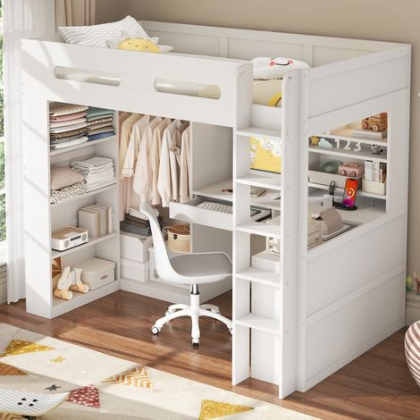 Lit mezzanine enfant 90x200cm avec bureau, LED, USB, 1 tiroir, armoire ouverte, bois massif et MDF blanc (1/5)