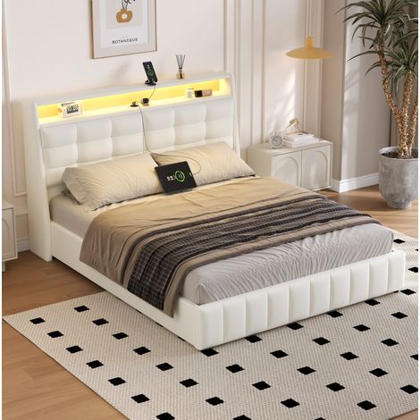 Cama tapizada de PU blanca 160x200 cm con LED, USB, almacenaje inferior y somier de láminas (1/5)