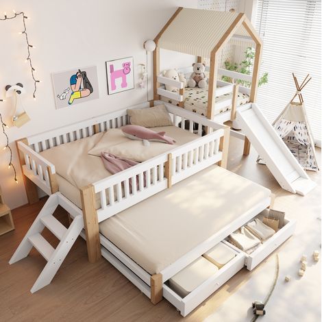Letto casetta bambini 90x200 cm con letto estraibile 90x190 cm, scivolo, scala laterale, contenitore, legno bianco (1/5)