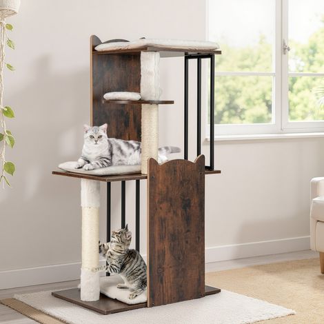 Arbre à Chat Moderne de 112 cm Tour pour Chatons Multi-Niveaux avec Griffoirs en Sisal Balles Suspendues Coussins en Peluche Marron Rustique (1/2)