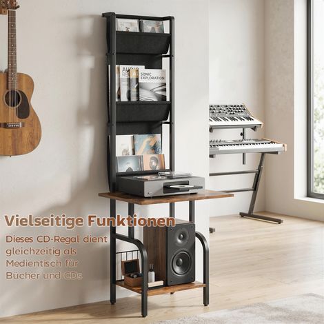 Présentoir à CD industriel, étagère de stockage pour CD et DVD avec 3 compartiments en textile et tablette, finition bois vieilli marron (1/4)