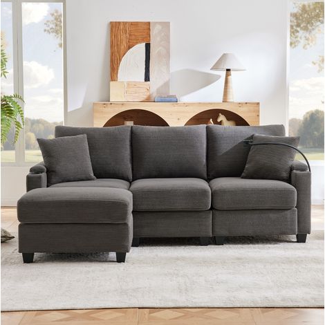 Ecksofa 213,5x139x87 cm aus dunkelgrauem Corduroy, modulierbar mit Hocker und USB-Anschluss (1/5)